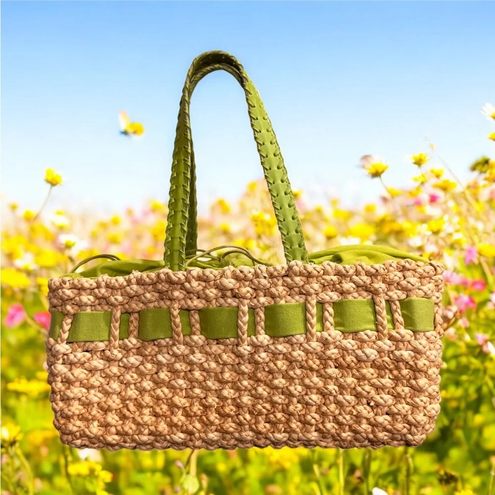 Green and Tan Beach Tote with Sturdy Handles